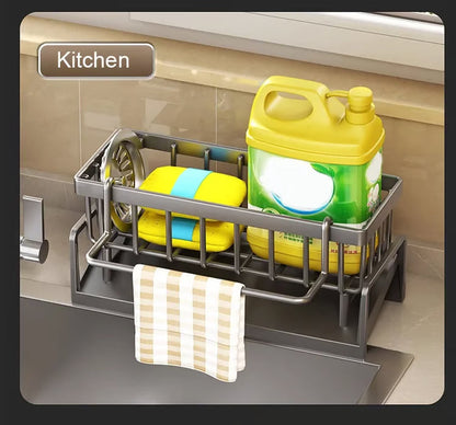 Sink organizer with drip tray and towel rail