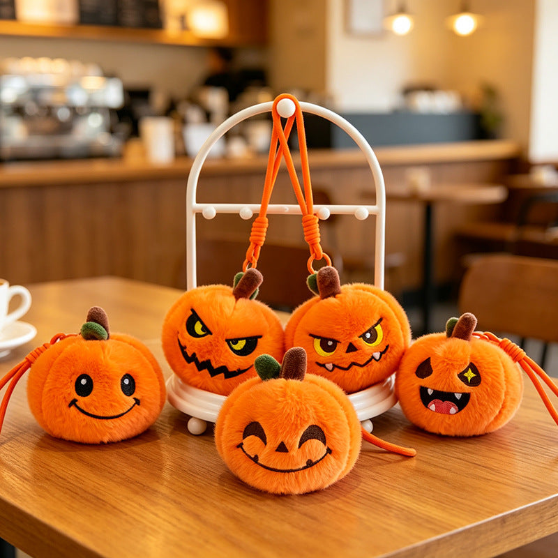 5pcs Halloween Plush 3.94'' Pumpkin Keychain Soft Stuffed Bag Charm Pendant with Funny Facial Expressions
