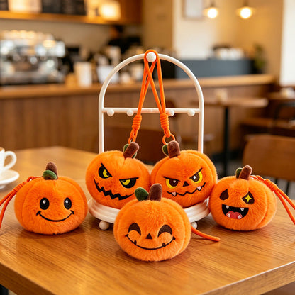 5pcs Halloween Plush 3.94'' Pumpkin Keychain Soft Stuffed Bag Charm Pendant with Funny Facial Expressions