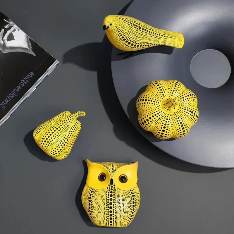 Yellow Resin Figurines Tabletop Accents Set Contemporary Shelf Decor Owl Pear Pumpkin Bird Sculptures 8 Inch Statement Pieces for Coffee Tab | Thomler