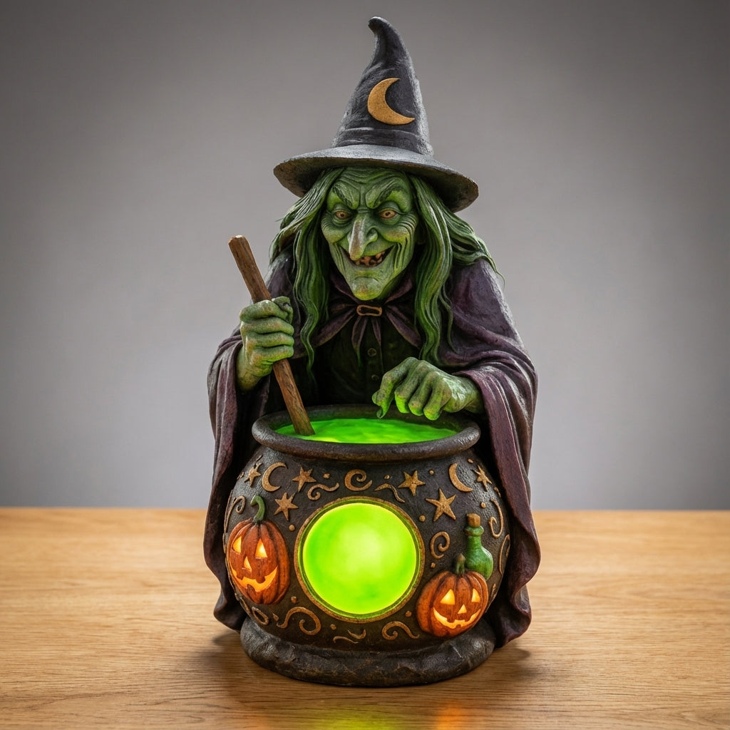 USB-Powered Glowing Cauldron Figurine with Neon Green LED Light for Halloween Decor, Fantasy Themed Rooms, Spooky Party Centerpiece, Tableto | Thomler