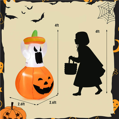 Halloween Inflatables Animated Ghost Pumpkin with LED Lights Movable Up and Down Ghost For Yard Decoration