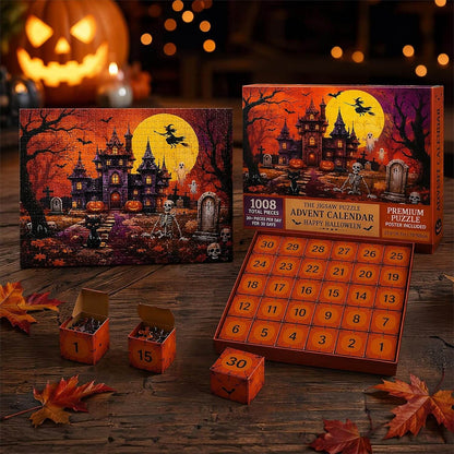 Halloween Puzzle Advent Calendar 1008pcs Haunted Castle Count‑Down Puzzle Gift Set With 30 Mini Blind Boxes
