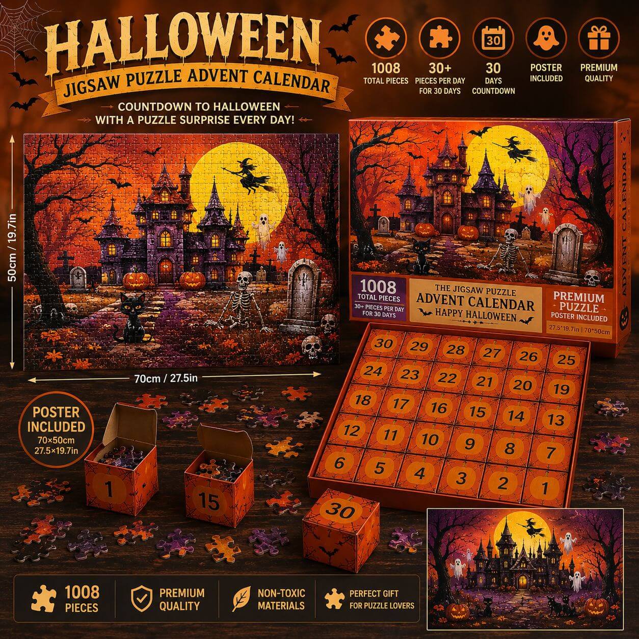 Halloween Puzzle Advent Calendar 1008pcs Haunted Castle Count‑Down Puzzle Gift Set With 30 Mini Blind Boxes