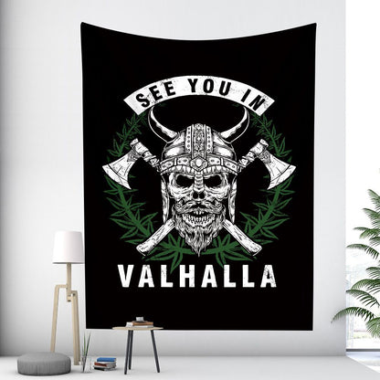 Large Woven Wall Tapestry Featuring Viking Skull Helmet And Crossed Axes Graphic