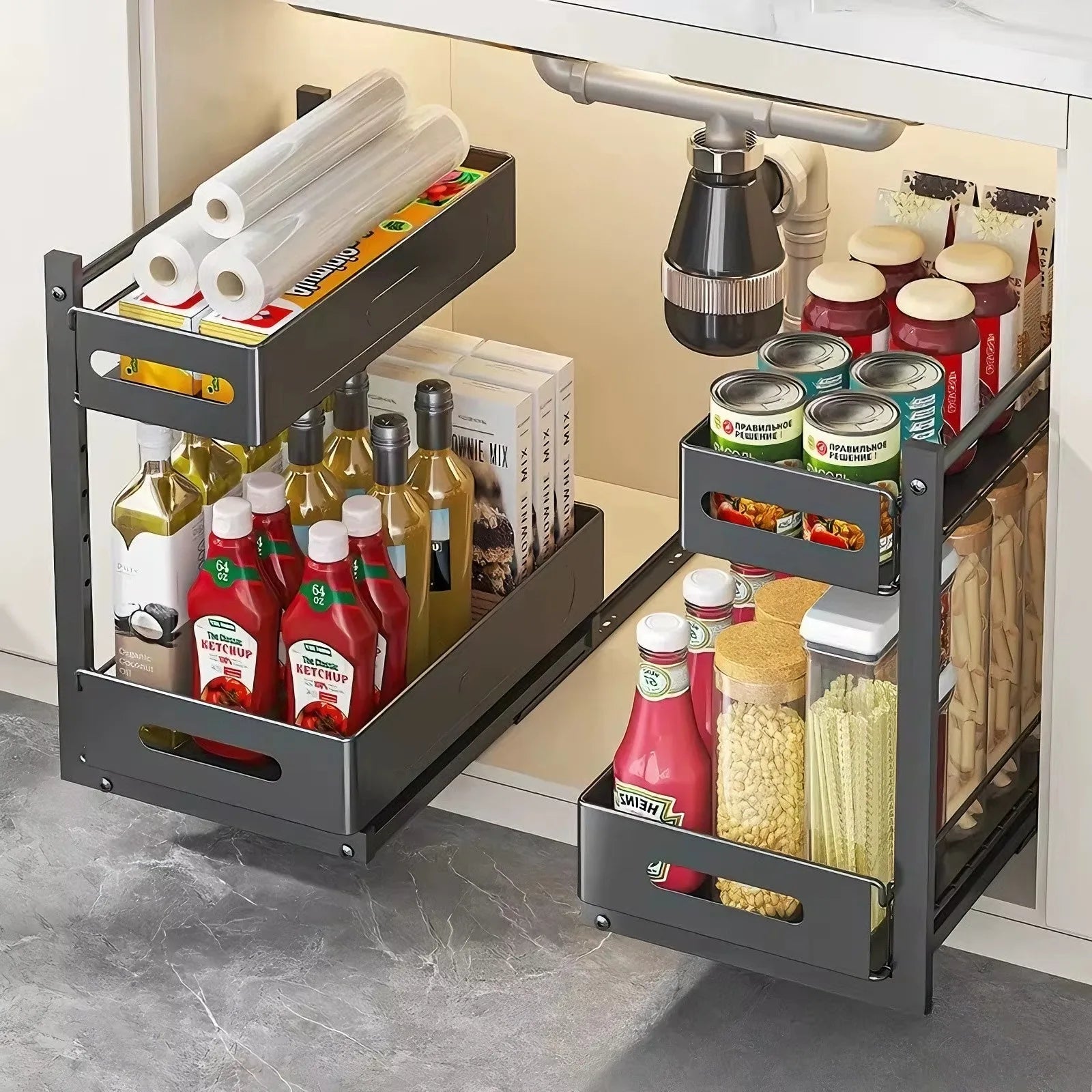Extendable kitchen cabinet organizer 2 tiers