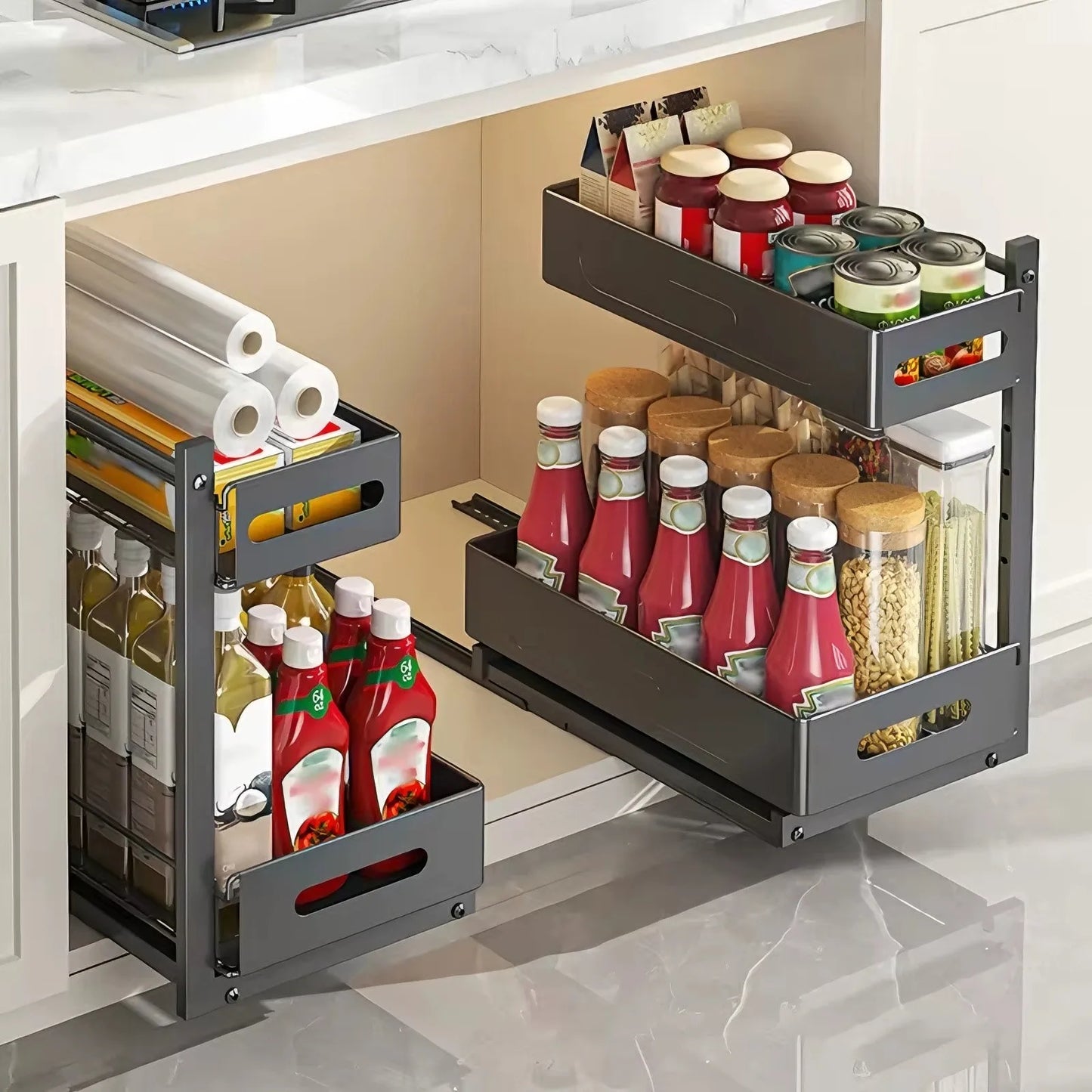 Extendable kitchen cabinet organizer 2 tiers