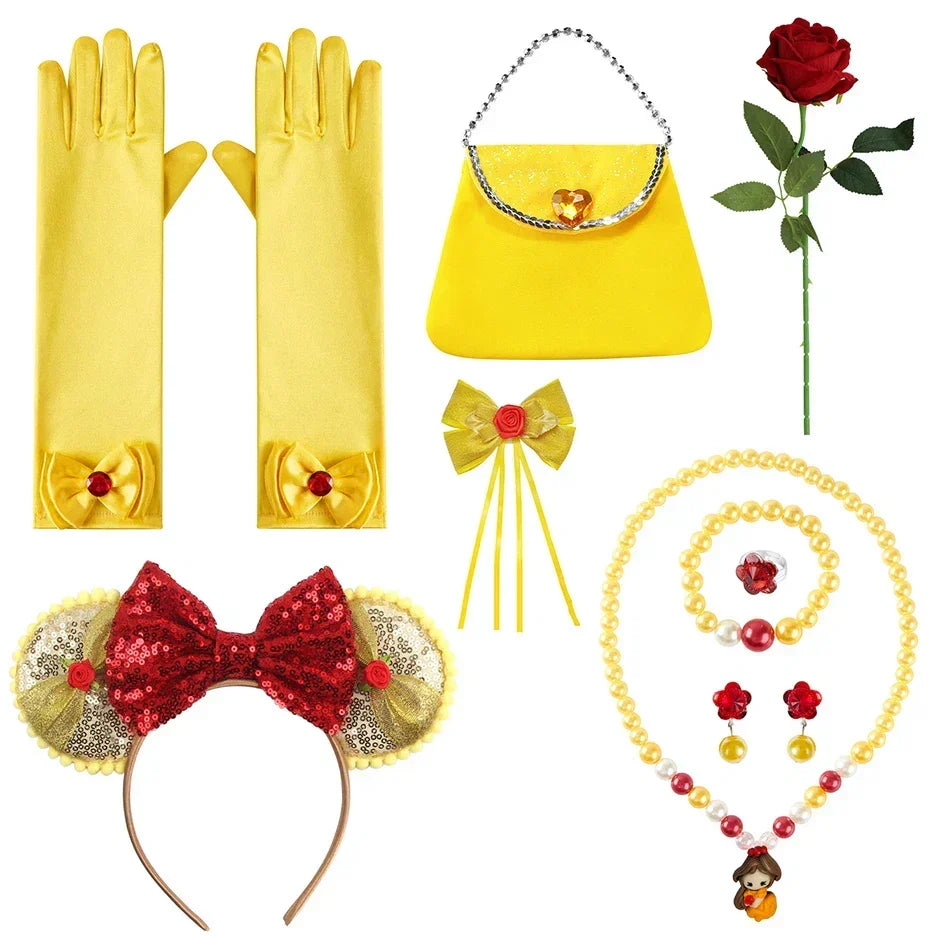 Girls Princess Gown Costume with Tiara and Gloves – Complete Belle-Inspired Dress-Up Set for Birthday Parties, Halloween, Cosplay & Special | Thomler