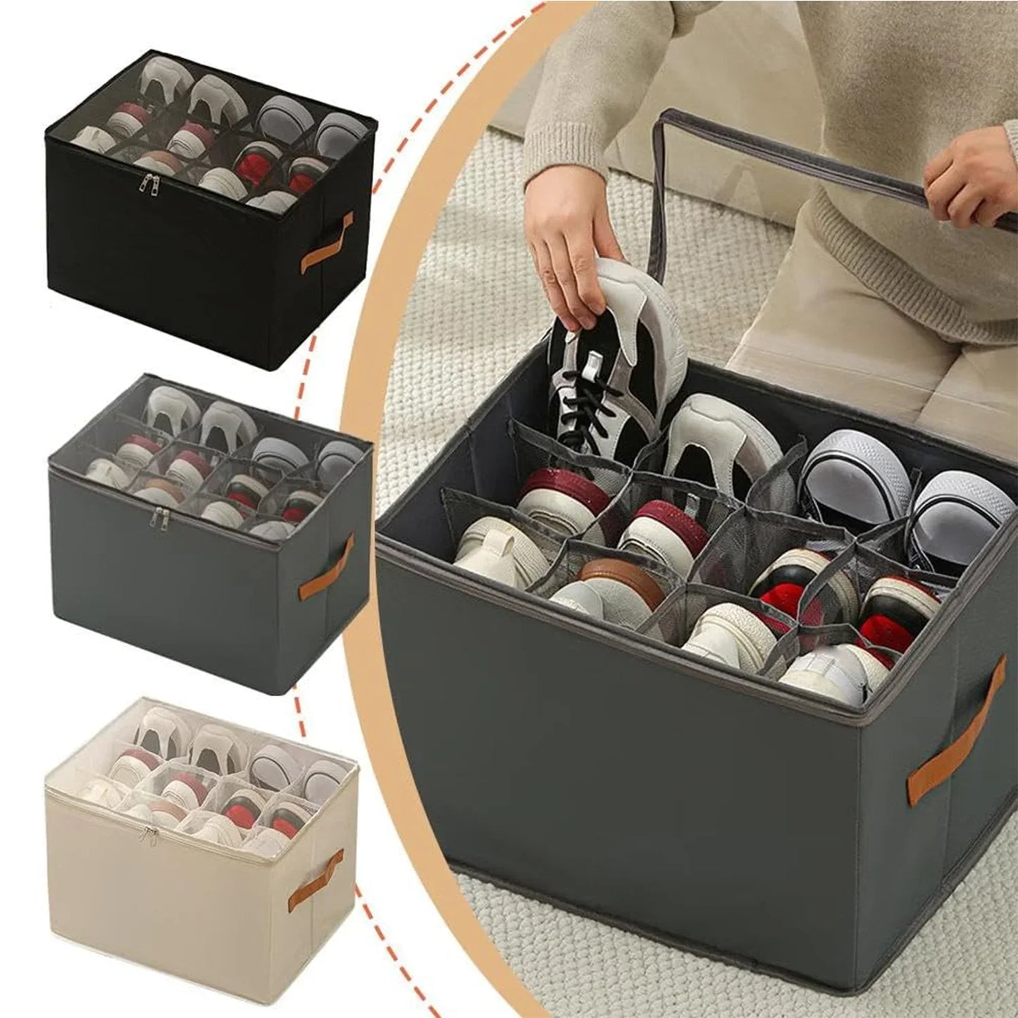 Shoe Organizer with Leather Handle - Foldable Storage for Shoes