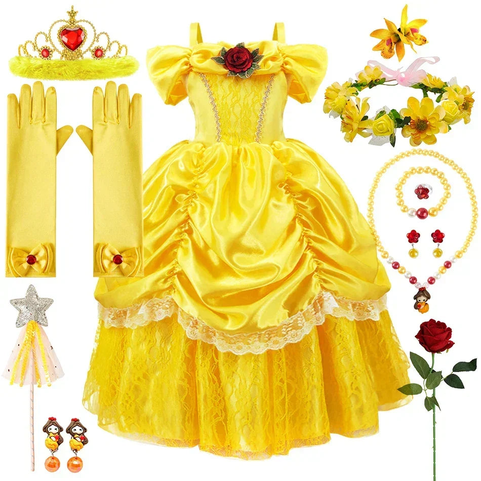 Girls Princess Gown Costume with Tiara and Gloves – Complete Belle-Inspired Dress-Up Set for Birthday Parties, Halloween, Cosplay & Special | Thomler