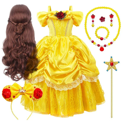 Girls Princess Gown Costume with Tiara and Gloves – Complete Belle-Inspired Dress-Up Set for Birthday Parties, Halloween, Cosplay & Special | Thomler