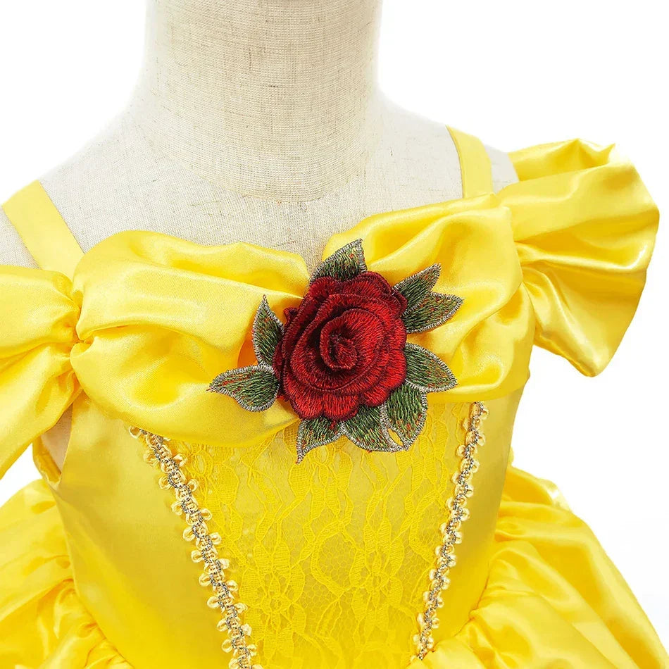 Girls Princess Gown Costume with Tiara and Gloves – Complete Belle-Inspired Dress-Up Set for Birthday Parties, Halloween, Cosplay & Special | Thomler