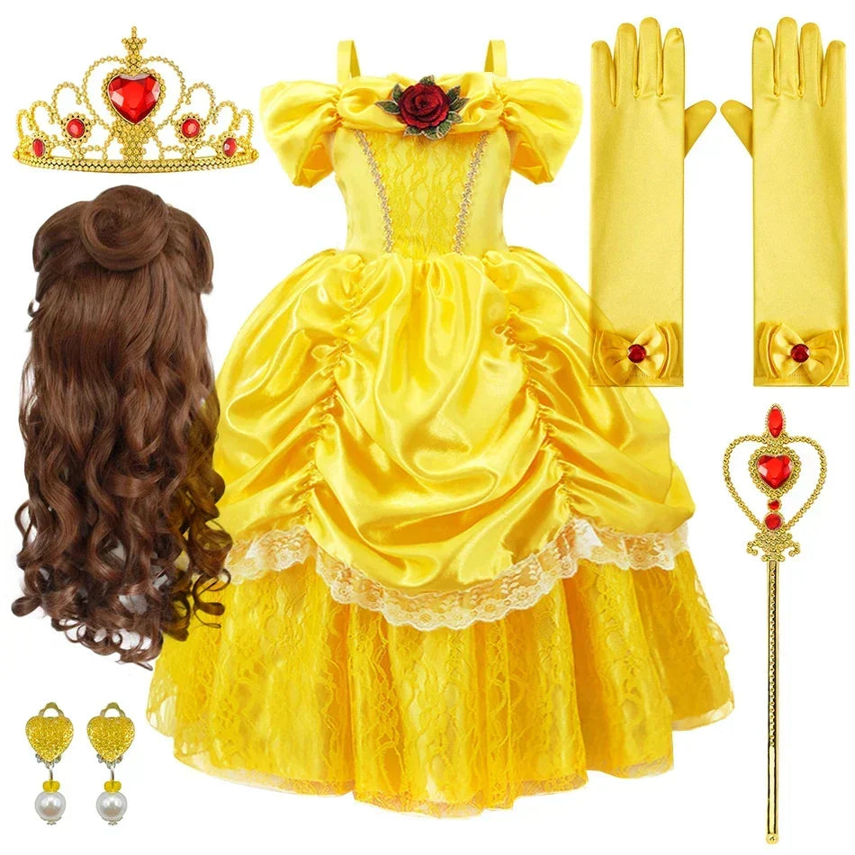 Girls Princess Gown Costume with Tiara and Gloves – Complete Belle-Inspired Dress-Up Set for Birthday Parties, Halloween, Cosplay & Special | Thomler