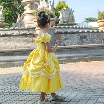 Girls Princess Gown Costume with Tiara and Gloves – Complete Belle-Inspired Dress-Up Set for Birthday Parties, Halloween, Cosplay & Special | Thomler