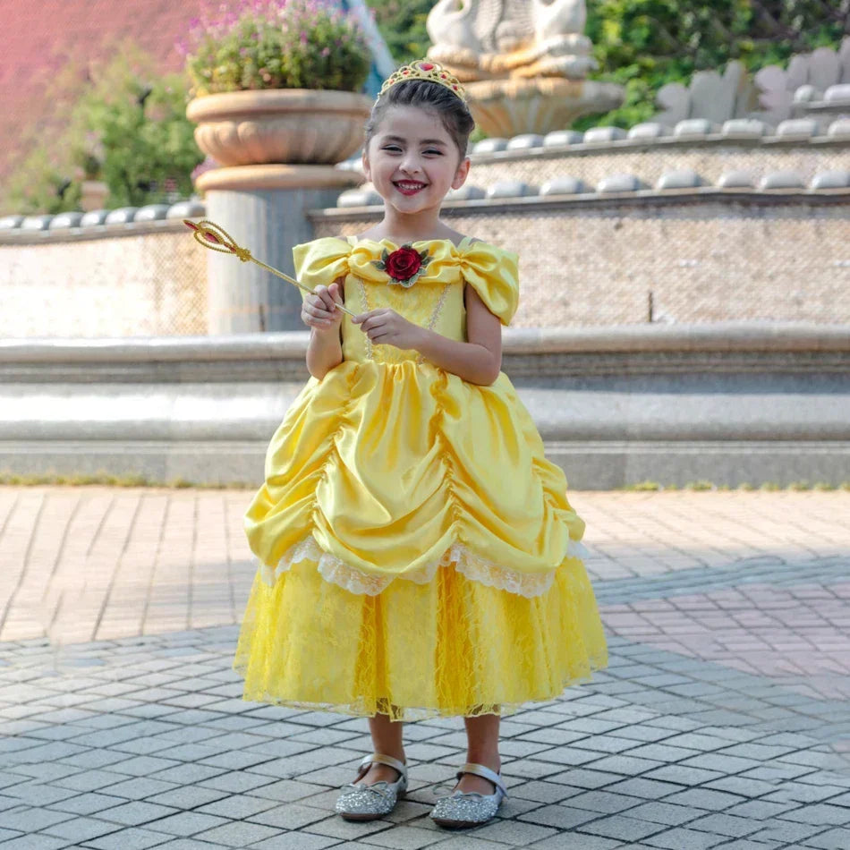 Girls Princess Gown Costume with Tiara and Gloves – Complete Belle-Inspired Dress-Up Set for Birthday Parties, Halloween, Cosplay & Special | Thomler
