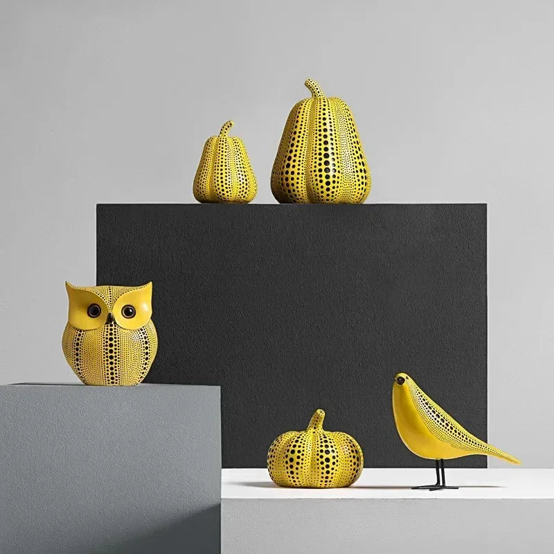 Yellow Resin Figurines Tabletop Accents Set Contemporary Shelf Decor Owl Pear Pumpkin Bird Sculptures 8 Inch Statement Pieces for Coffee Tab | Thomler