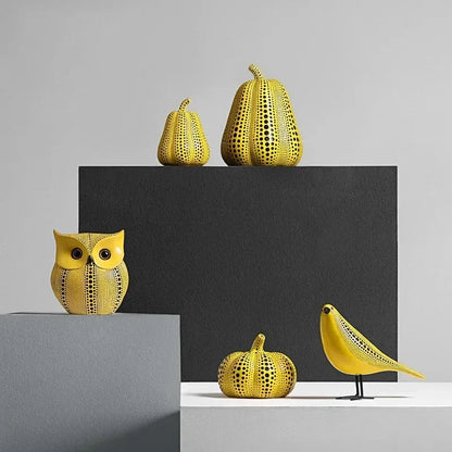 Yellow Resin Figurines Tabletop Accents Set Contemporary Shelf Decor Owl Pear Pumpkin Bird Sculptures 8 Inch Statement Pieces for Coffee Tab | Thomler