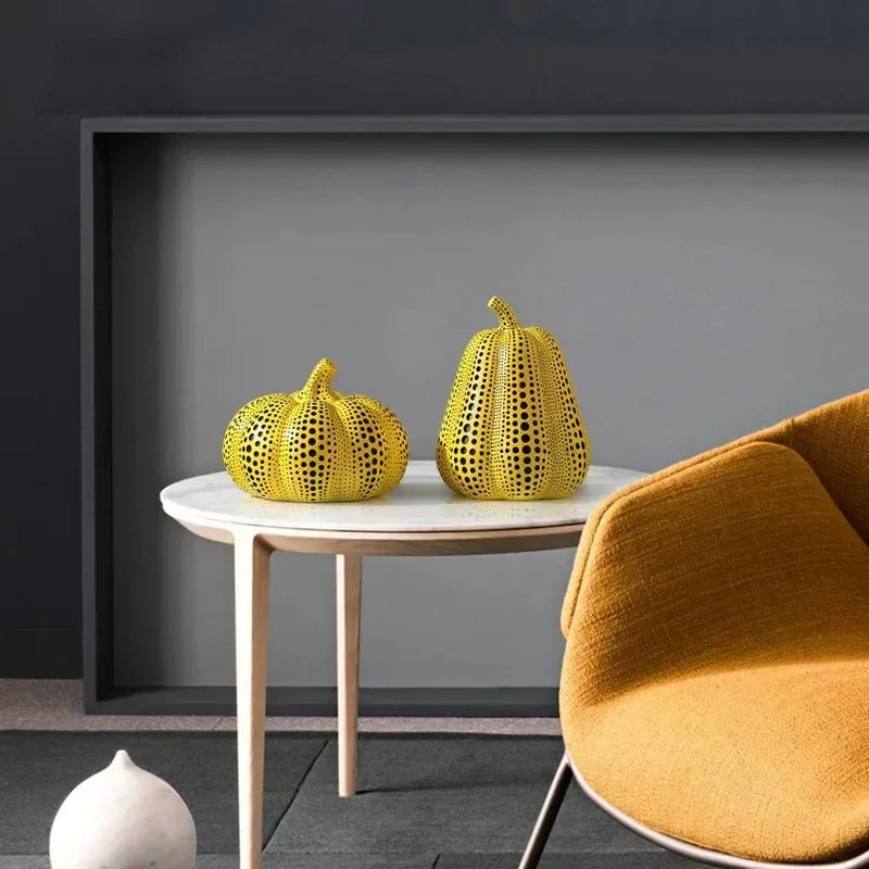 Yellow Resin Figurines Tabletop Accents Set Contemporary Shelf Decor Owl Pear Pumpkin Bird Sculptures 8 Inch Statement Pieces for Coffee Tab | Thomler