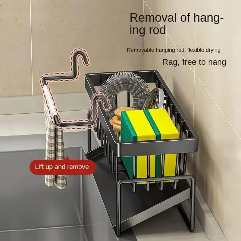 Sink organizer with drip tray and towel rail