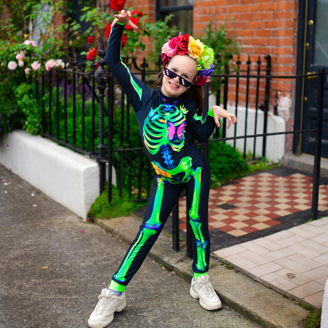 Glow-in-the-dark Skeleton Jumpsuit for Girls Unique Halloween Costume for Kids, Fluorescent Skeleton Outfit, Trick-or-treat Suit for Kids