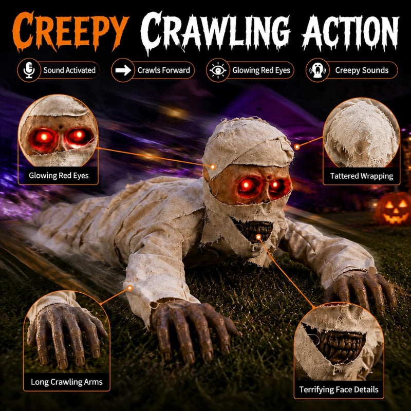 42-Inch Sound-Activated Crawling Mummy with Glowing Red Eyes, Halloween Decorations