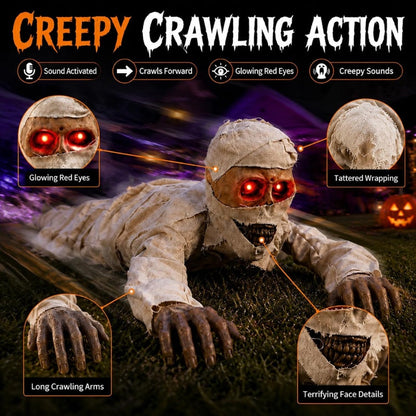 42-Inch Sound-Activated Crawling Mummy with Glowing Red Eyes, Halloween Decorations