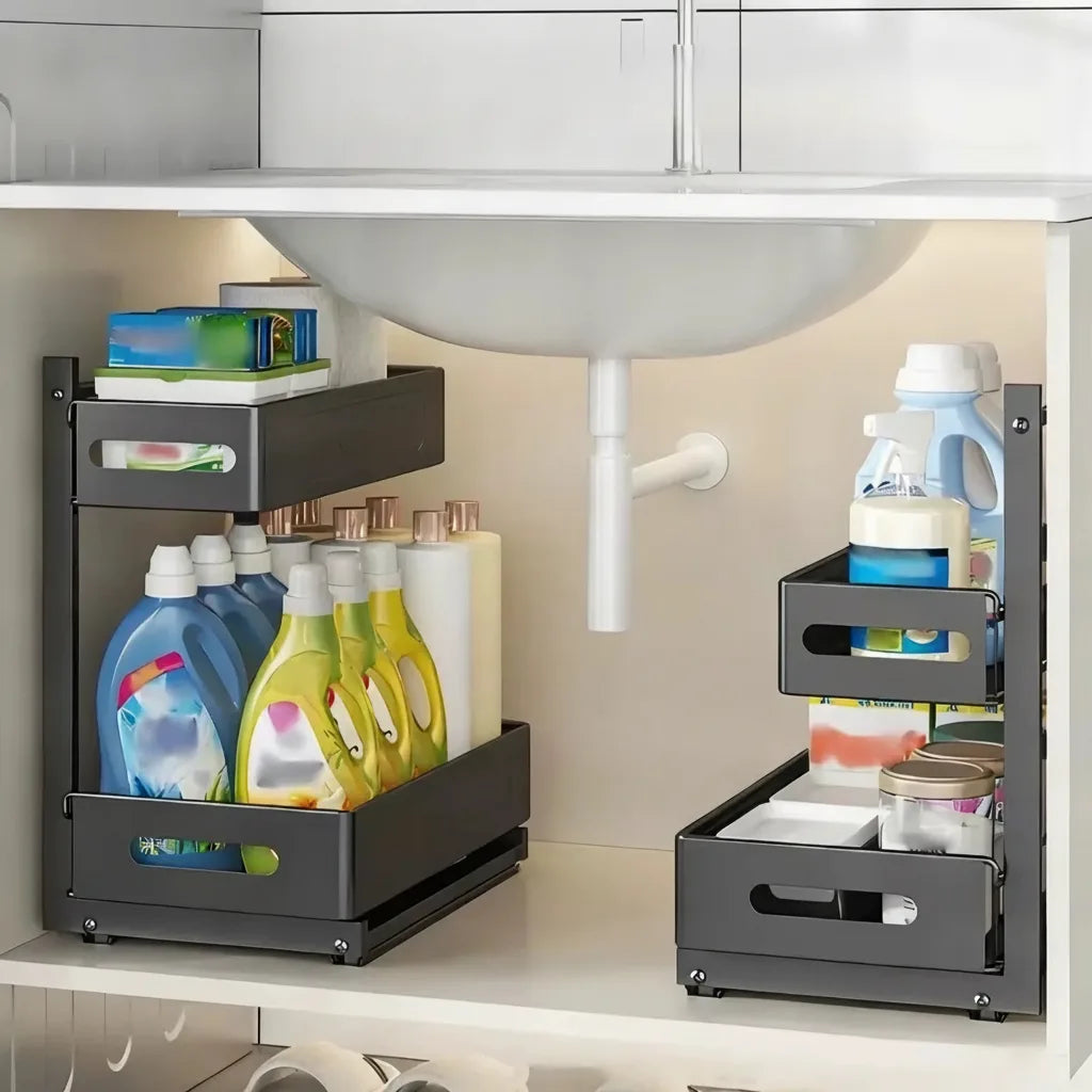 Extendable kitchen cabinet organizer 2 tiers