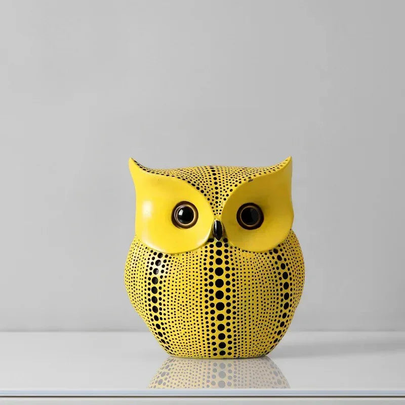 Yellow Resin Figurines Tabletop Accents Set Contemporary Shelf Decor Owl Pear Pumpkin Bird Sculptures 8 Inch Statement Pieces for Coffee Tab | Thomler