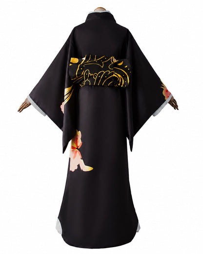 Female Demon King Costume Japanese Traditional Floral Black Kimono Set for Halloween Cosplay